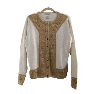 Dressbarn XL White & Gold Embellished Cardigan Sweater Button Christmas Holiday